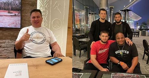 Javier Mendez [left], Usman Nurmagomedov, Shamil Zavurov, Khabib Nurmagomedov, Daniel Cormier (right) [Images Courtesy: @akajav @usman_nurmagomedov on Instagram]