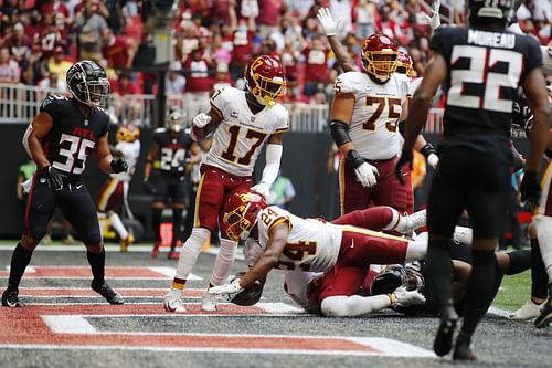 Antonio Gibson diving for a touchdown against Atlanta Falcons