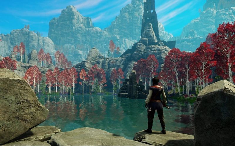 A player overlooking a lake in New World (Image via Amazon Games)