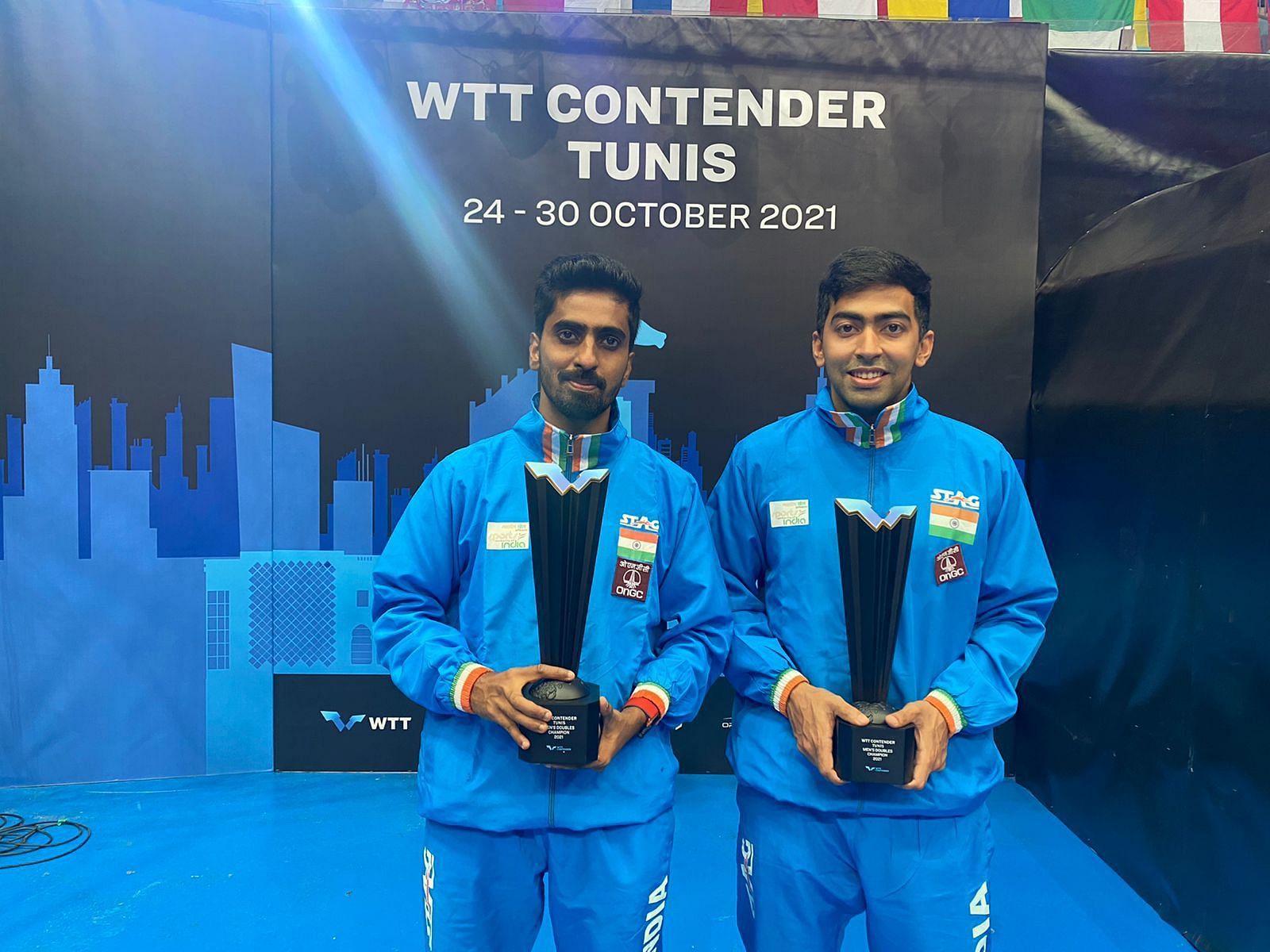 Sathiyan and Harmeet Desai after winning the WTT Contender in Tunis. (PC: Sathiyan)