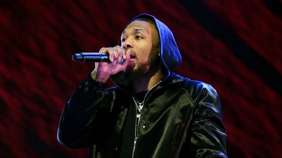 Damian Lillard, a.k.a. Dame D.O.L.L.A., performing at the 2020 NBA All-Star Weekend in Chicago