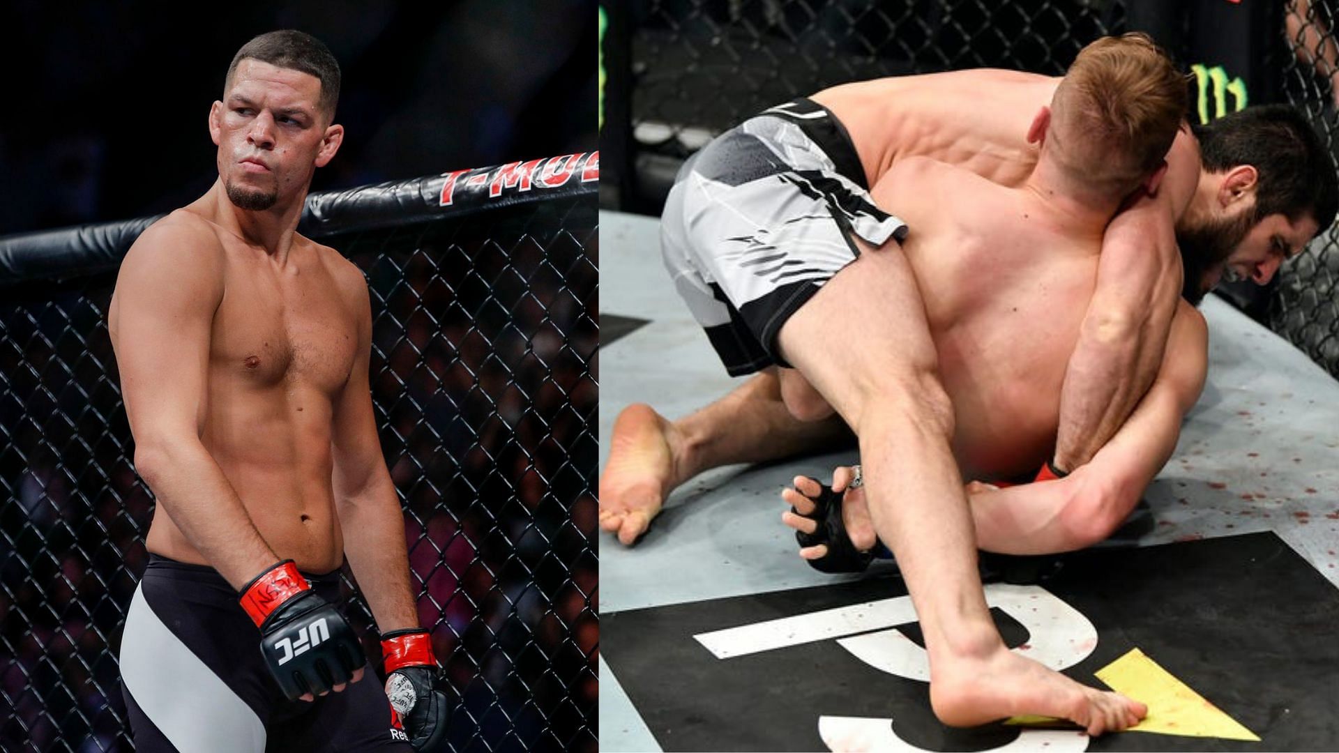 Nate Diaz (left) has sent out a message to Islam Makhachev after win over Dan Hooker (right)