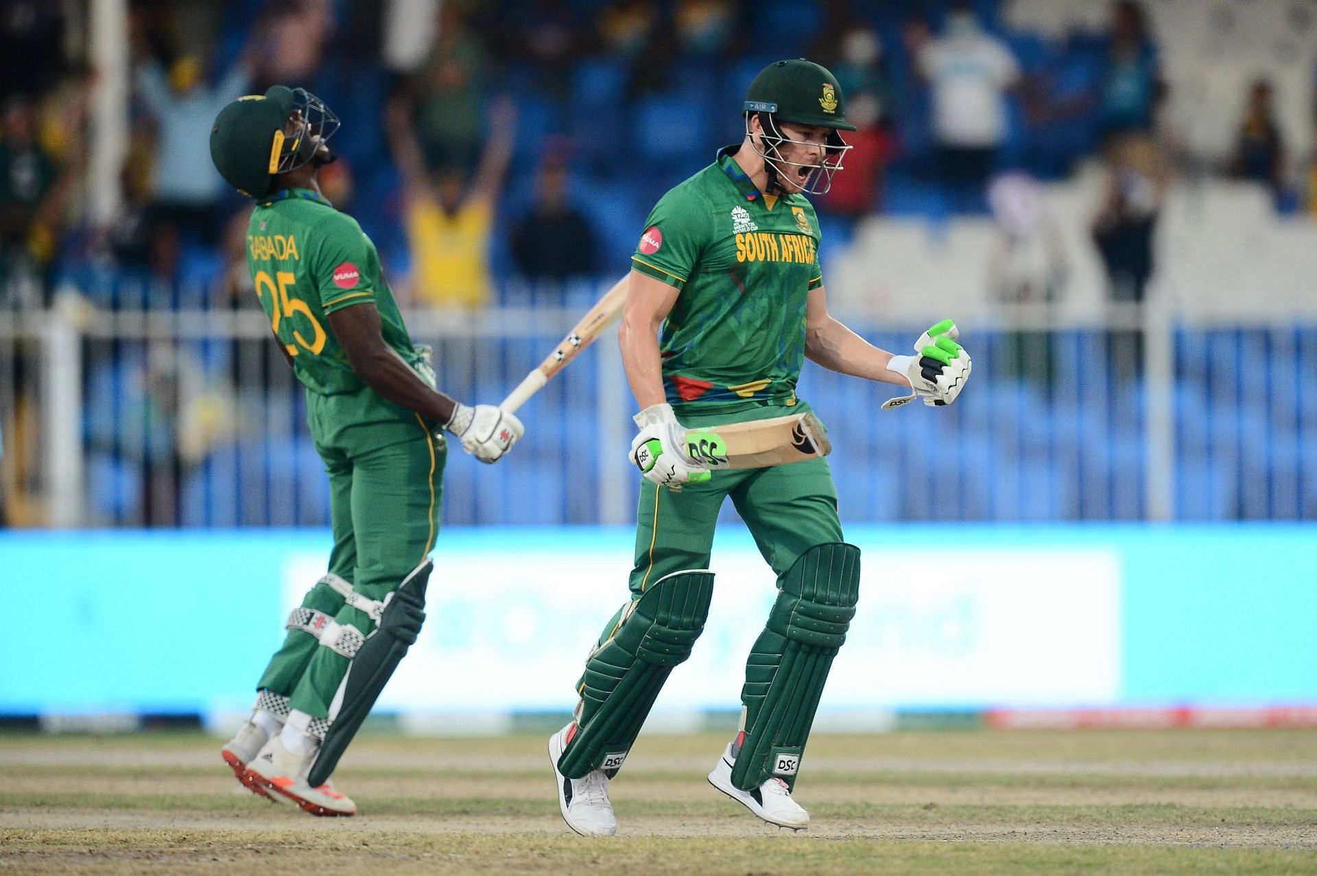 Kagiso Rabada (L) and David Miller (R) celebrate South Africa&rsquo;s win over Sri Lanka. Pic: Getty Images