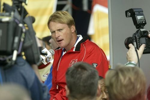 Jon Gruden during Super Bowl media day