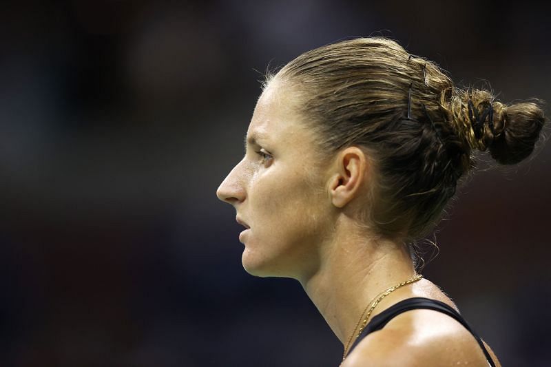 Karolina Pliskova looks on during her quarterfinal match at the 2021 US Open