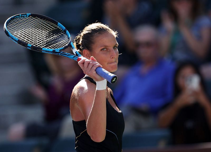 Karolina Pliskova celebrates her second-round win at the BNP Paribas Open