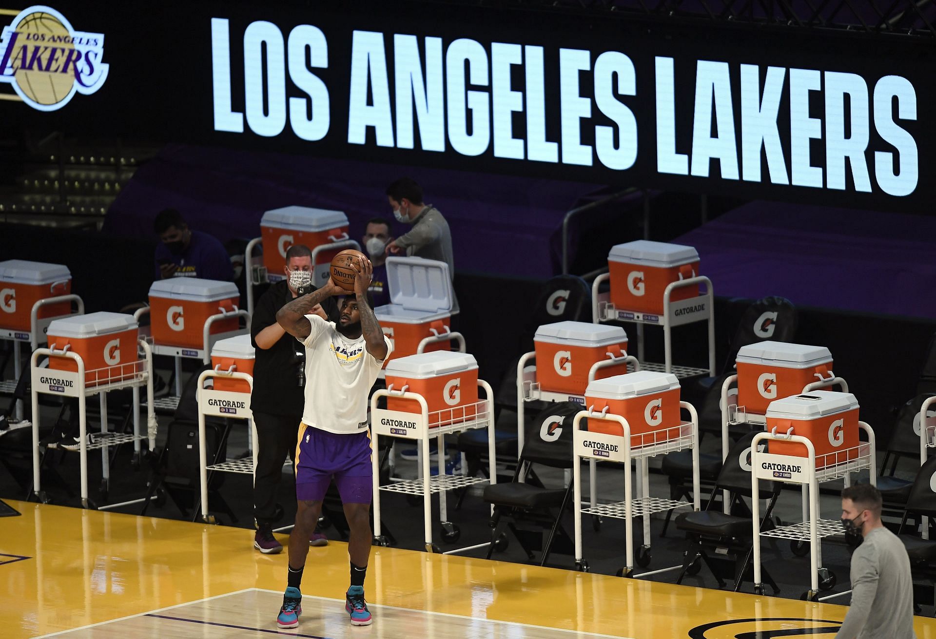 LeBron James gets his shots up ahead of an LA Lakers game