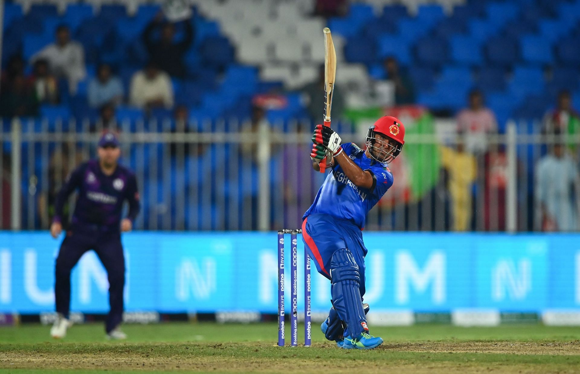 Najibullah Zadran smashes one against Scotland. Pic: Getty Images