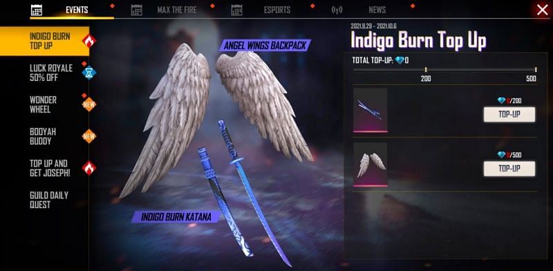 Indigo Burn top-up event (Image via Garena Free Fire)