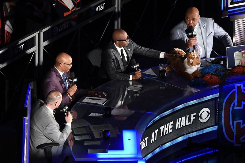 TV commentators Ernie Johnson, Clark Kellogg, Kenny Smith and Charles Barkley speak during the 2019 NCAA Final Four.