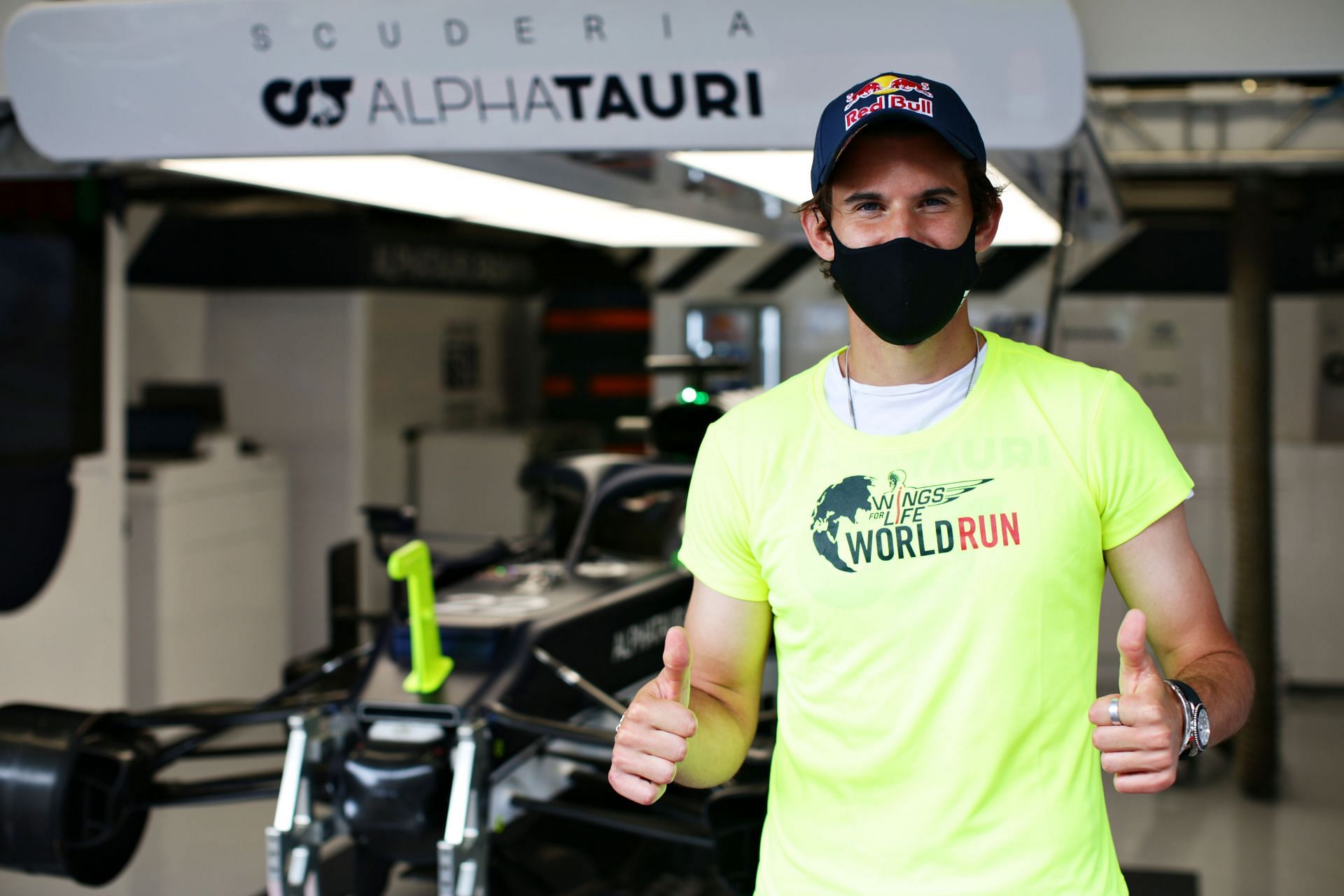 Dominic Thiem outside the garage of Scuderia Alpha Tauri prior to the 2021 F1 Grand Prix of Spain