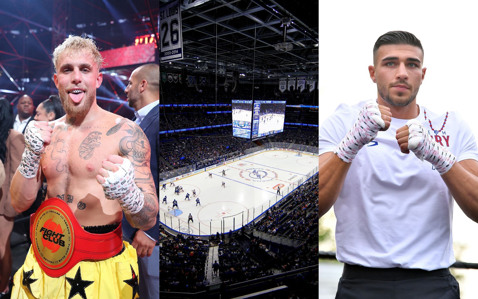 Boxing rivals Jake Paul (left), Tommy Fury (right) and the venue Amalie Arena (center)