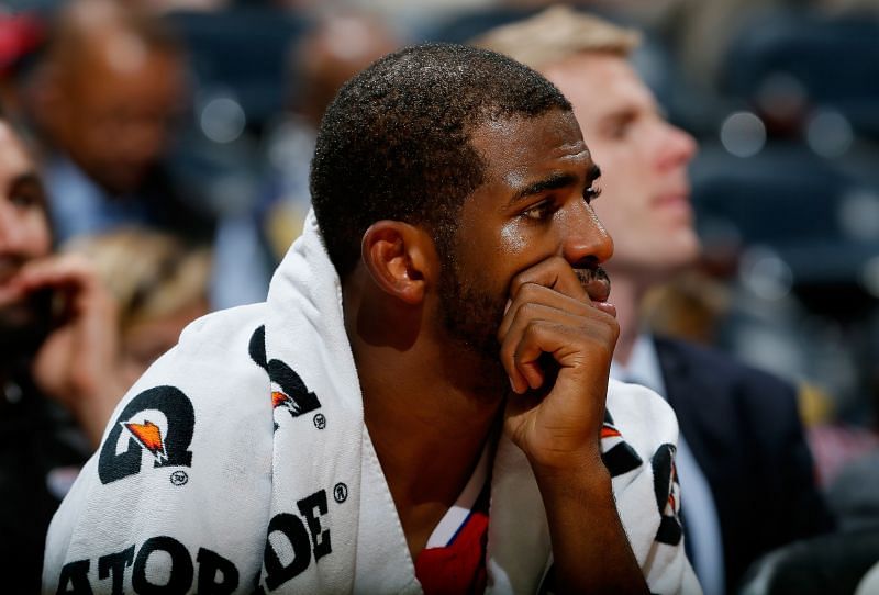 Chris Paul #3 of the Los Angeles Clippers looks on during an NBA game.