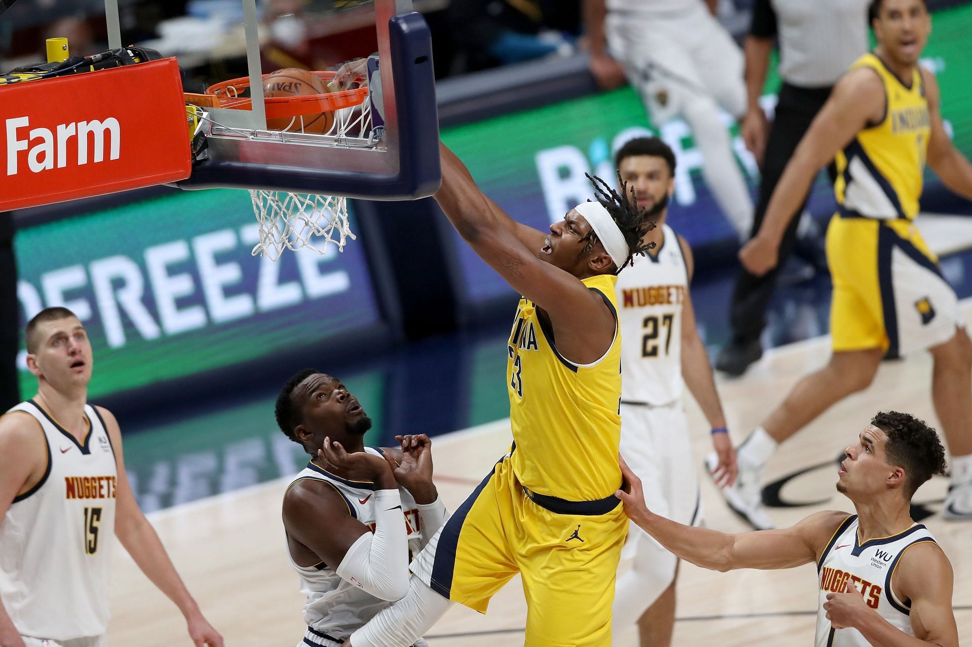 Indiana Pacers star Myles Turner with a thunderous dunk against the Denver Nuggets