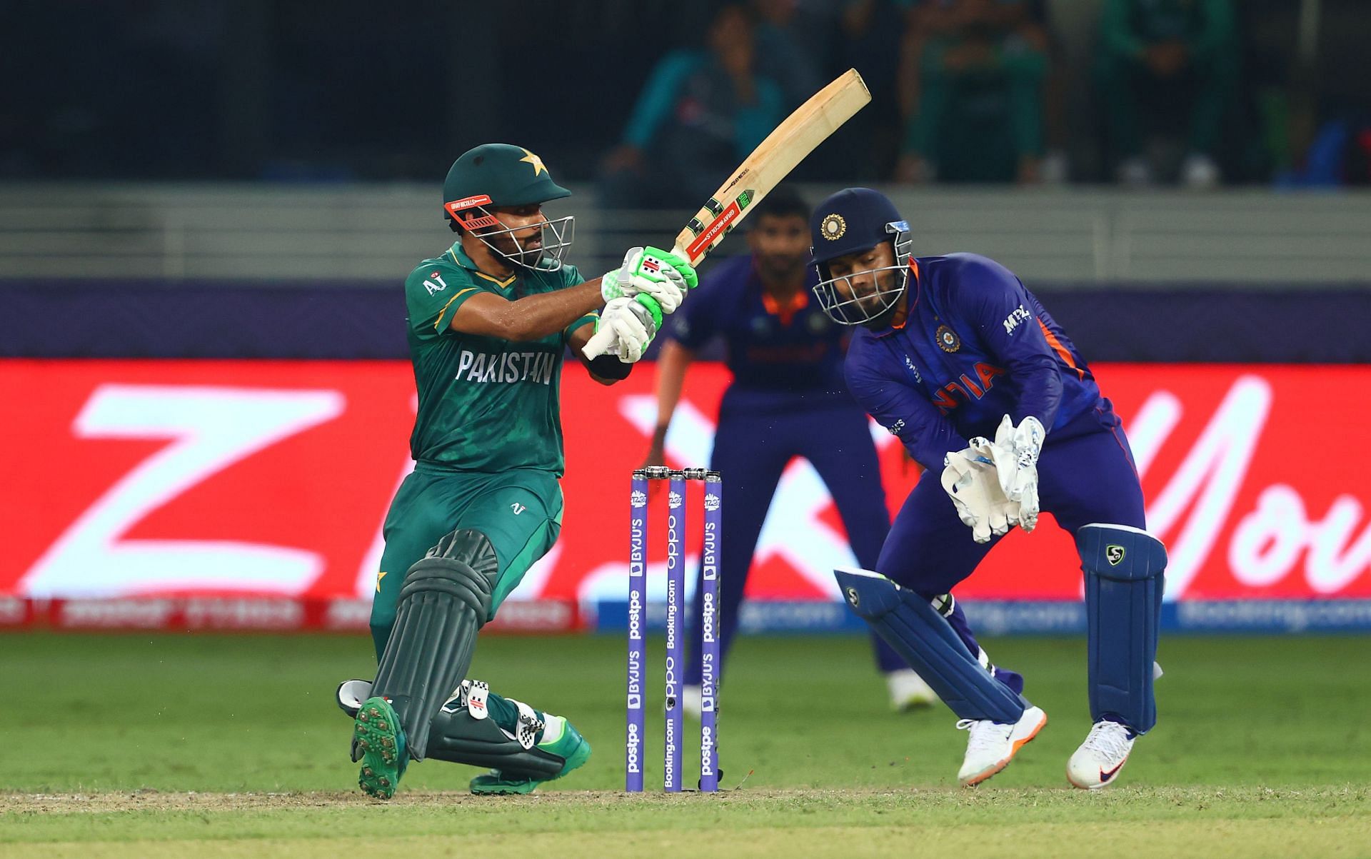 Pakistan captain Babar Azam in full flow against India. Pic: Getty Images