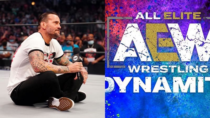 AEW star CM Punk in between a promo and AEW Dynamite logo