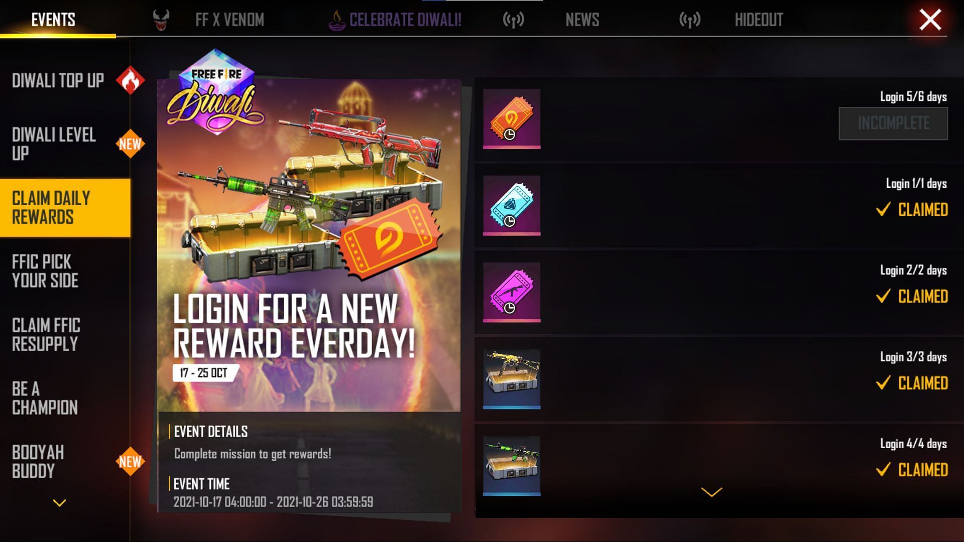 Gamers can claim a reward every day (Image via Free Fire)