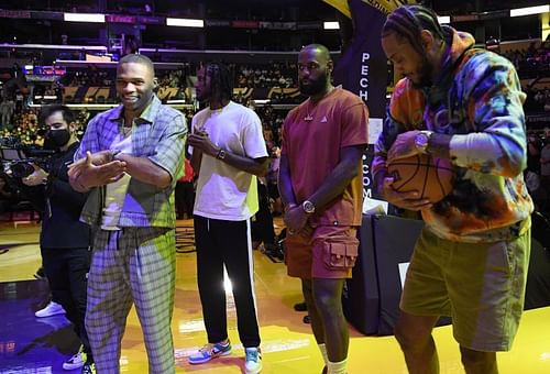 Russell Westbrook and LeBron James at the Brooklyn Nets vs LA Lakers preseason game