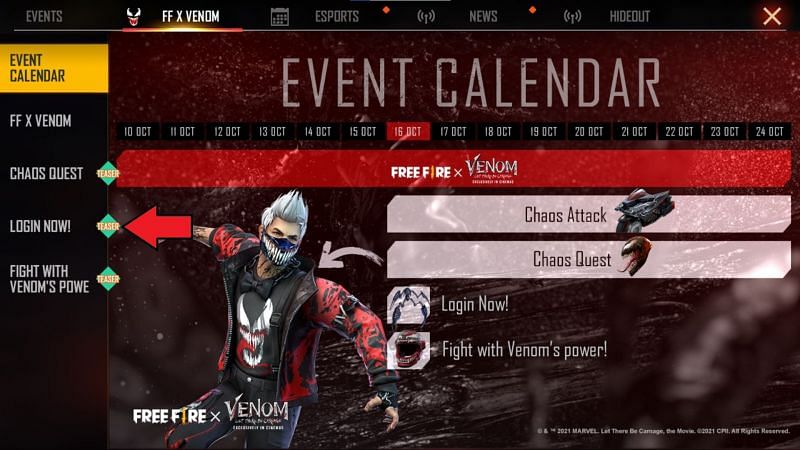 Tap on this to access the login event and get the Venom backpack (Image via Free Fire)