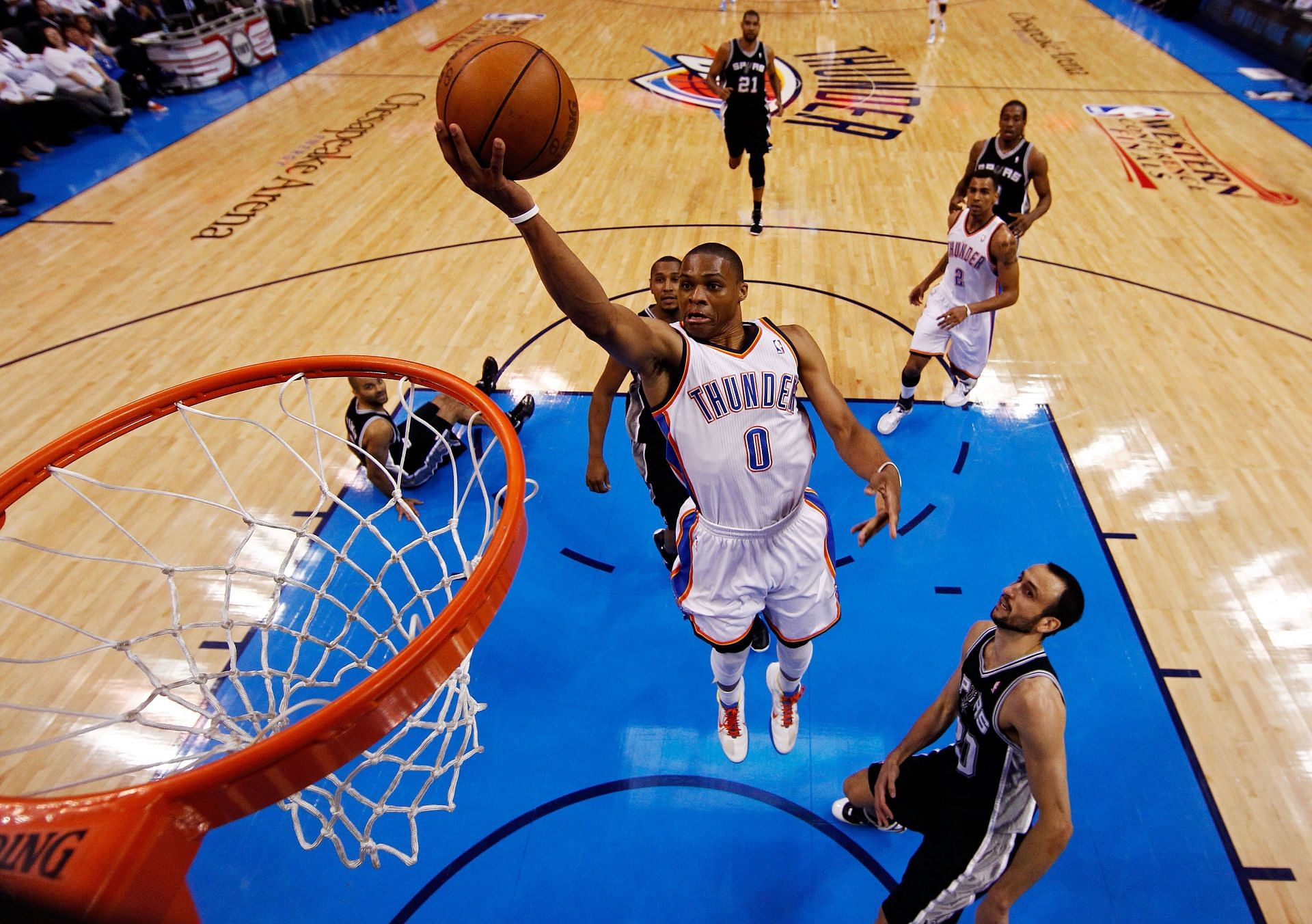 Russell Westbrook #0 of the Oklahoma City Thunder goes to the hoop against Manu Ginobili #20 of the San Antonio Spurs