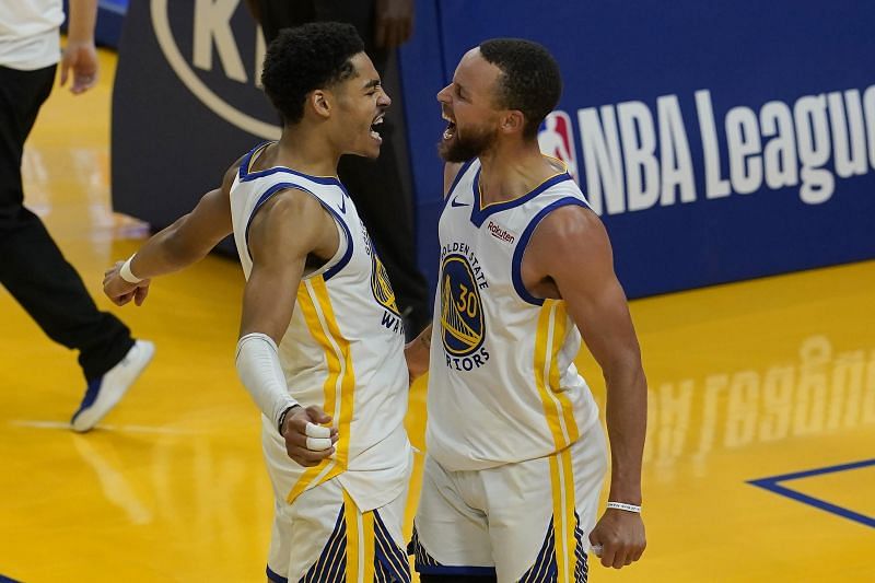 Jordan Poole and Stephen Curry of the Golden State Warriors [Source: AP]
