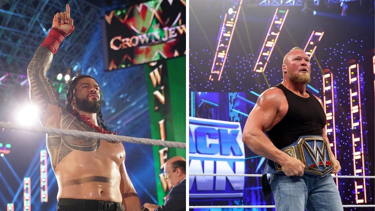 Roman Reigns at Crown Jewel (left); Brock Lesnar one night later on SmackDown (right)