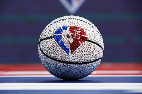 A jewel encrusted basketball with NBA 75th anniversary detail is pictured.