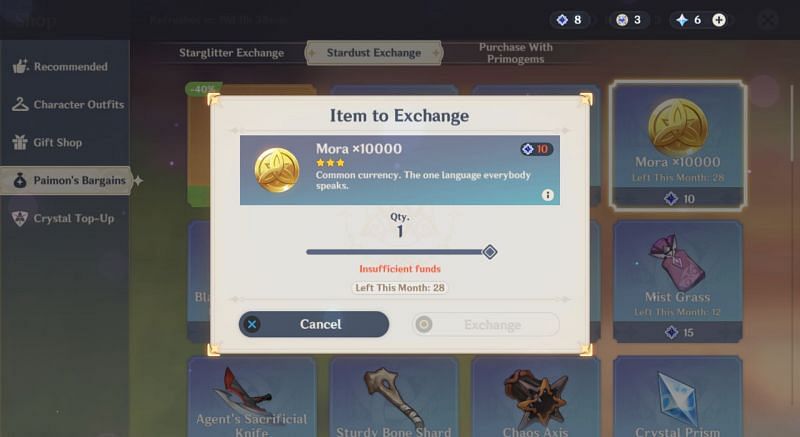 Purchasing Mora from the Stardust Exchange  (Image via miHoYo)