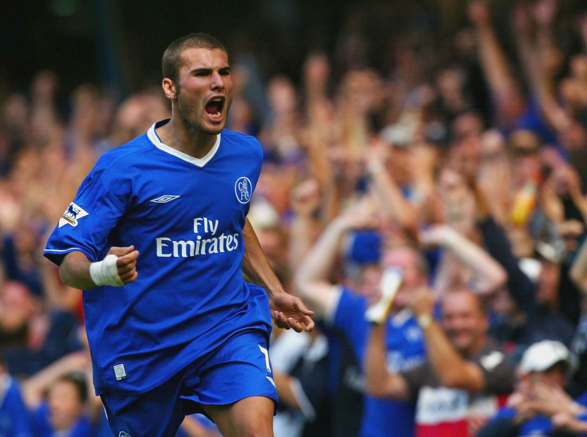 Adrian Mutu of Chelsea starts to celebrate scoring a goal but it was later disallowed.