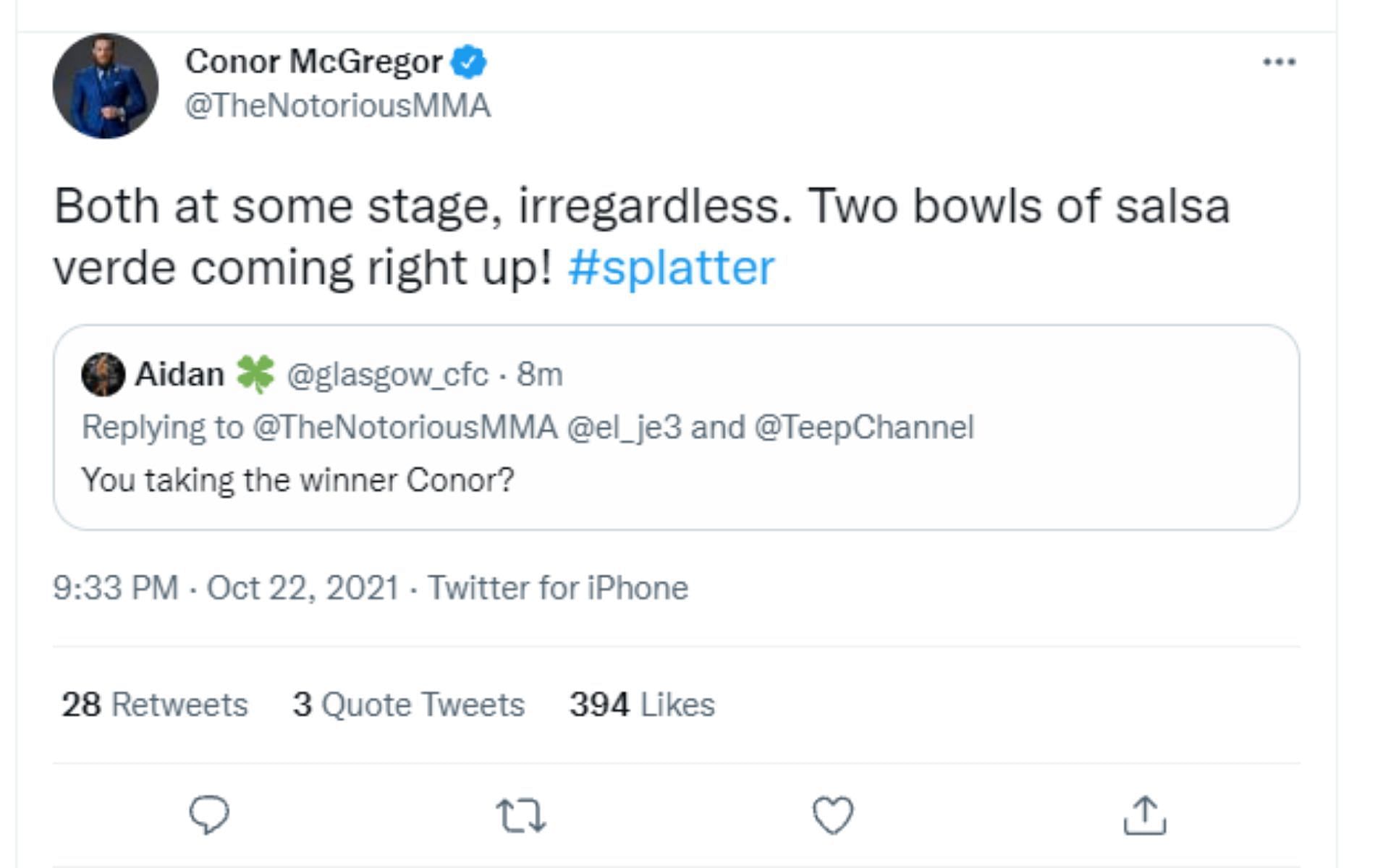 Screenshot of Conor McGregor&#039;s tweet