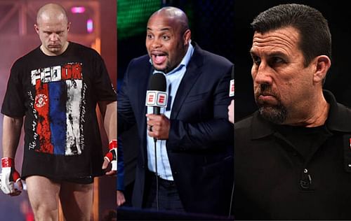 Fedor Emelianenko (left); Daniel Cormier (center); John McCarthy (right).