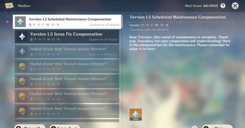 Maintenance Compensation and Issue Fix in version 1.5 (Image via Genshin Impact)