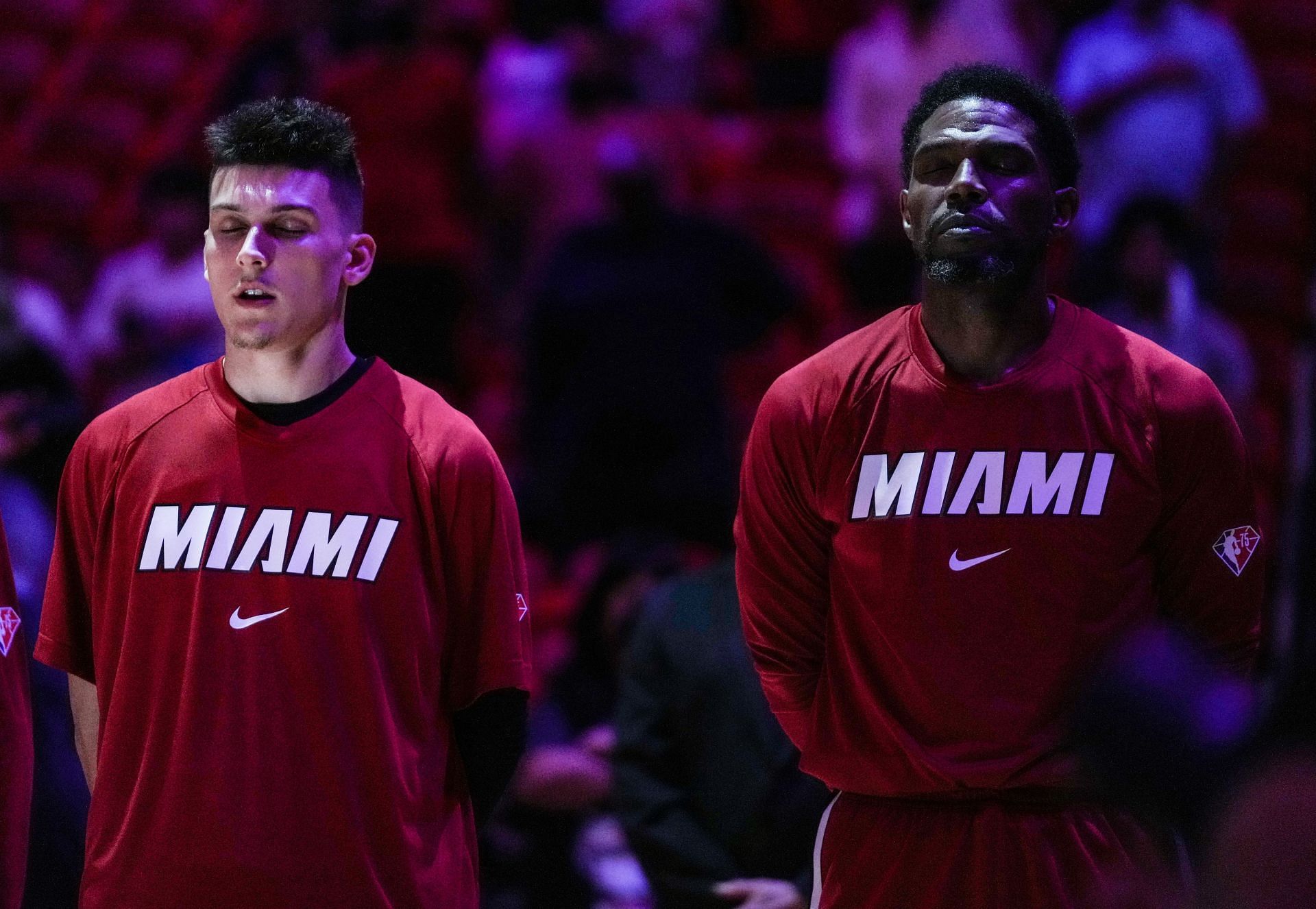 Tyler Herro #14 and Udonis Haslem #40 of the Miami Heat