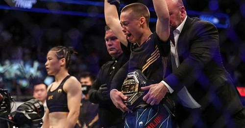 UFC women's strawweight champion Rose Namajunas (right) and the No.1 contender Zhang Weili (left)