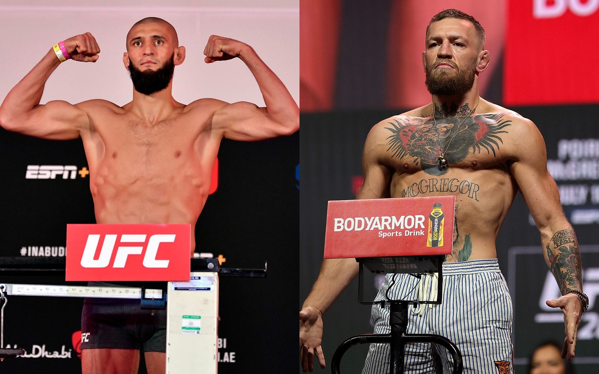 UFC welterweight superstar Khamzat Chimaev (left) and former lightweight and featherweight champion Conor McGregor (right)
