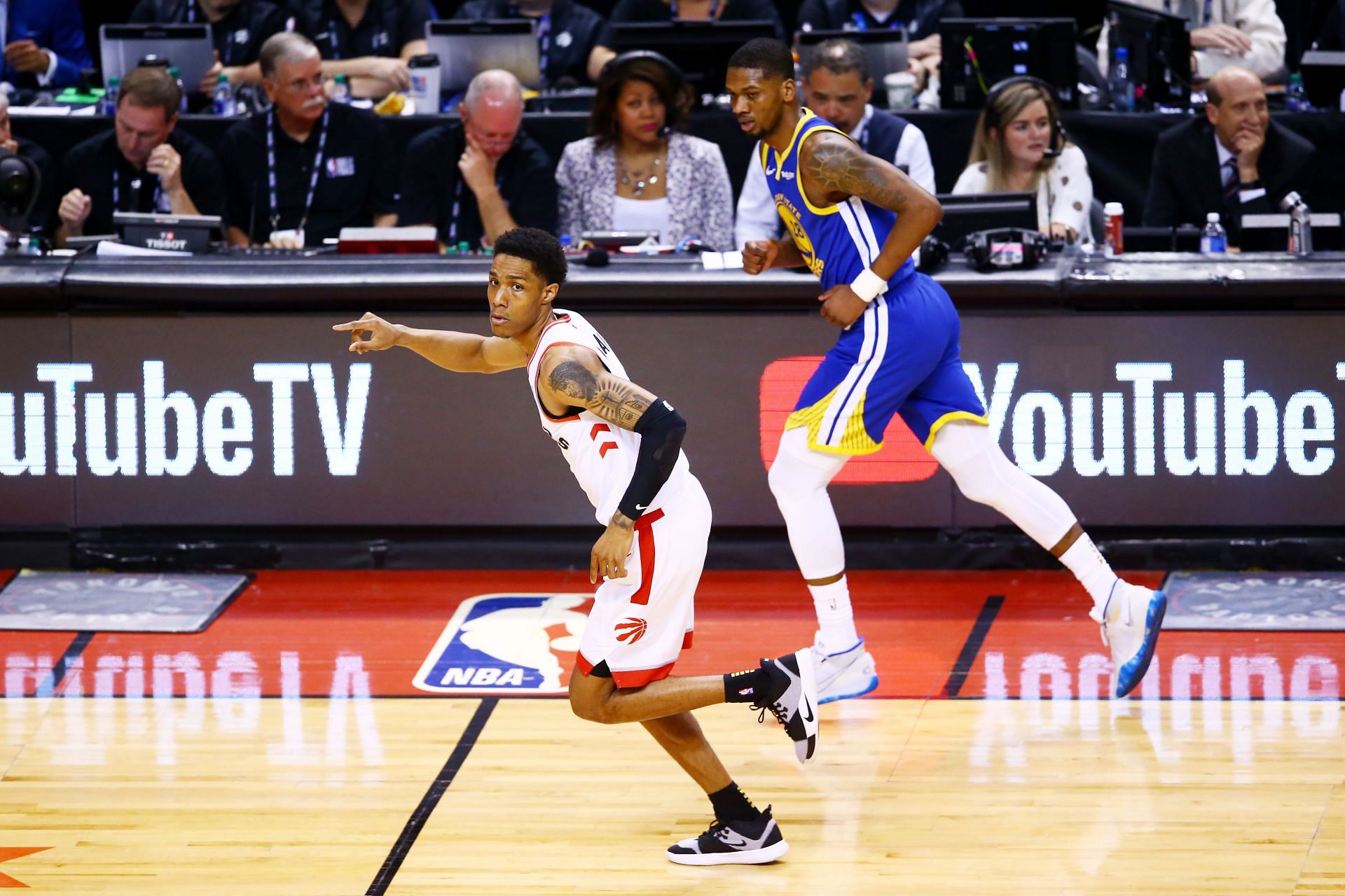 Patrick McCaw #1 of the Toronto Raptors celebrates a basket against the Golden State Warriors in the second half during Game One of the 2019 NBA Finals at Scotiabank Arena on May 30, 2019 in Toronto, Canada.