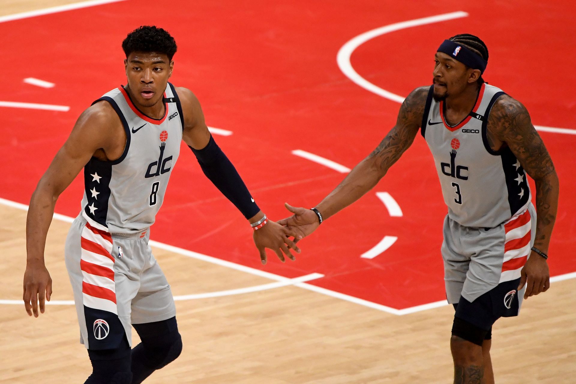 Washington Wizards power forward Rui Hachimura #8 (left0 and All-Star Bradley Beal #3 (right)