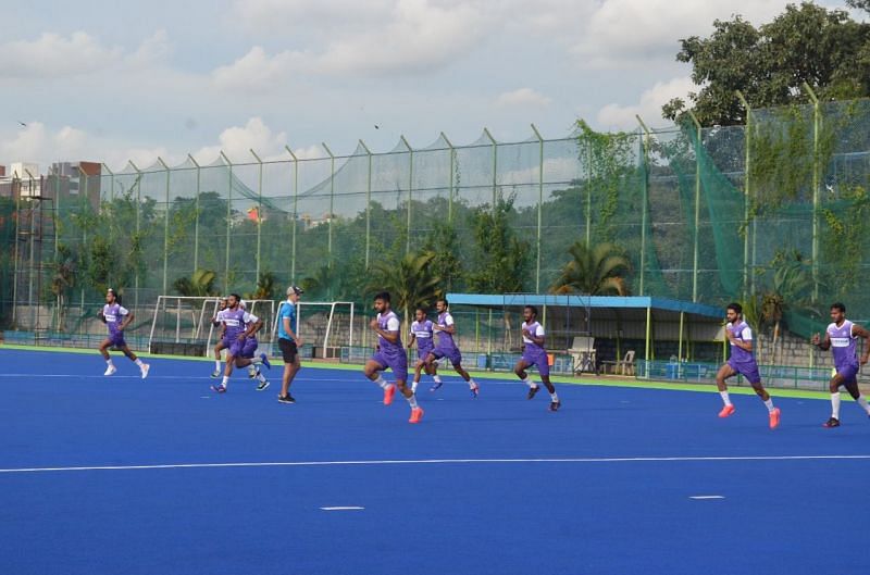 The Indian men&#039;s hockey team at a training session in SAI, Bengaluru on Monday. (PC: SAI)