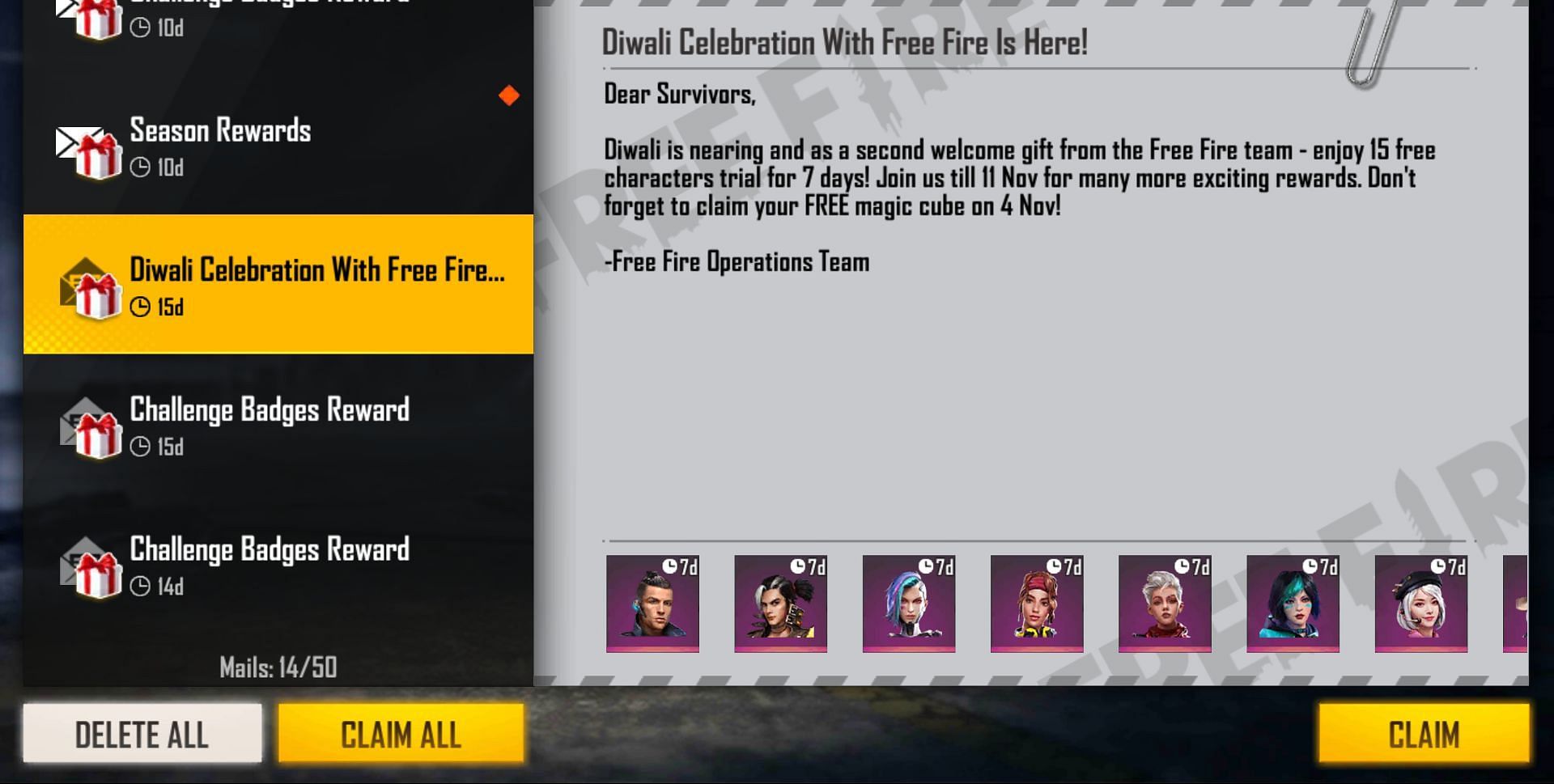 All the characters will be available for 7 days (Image via Free Fire)