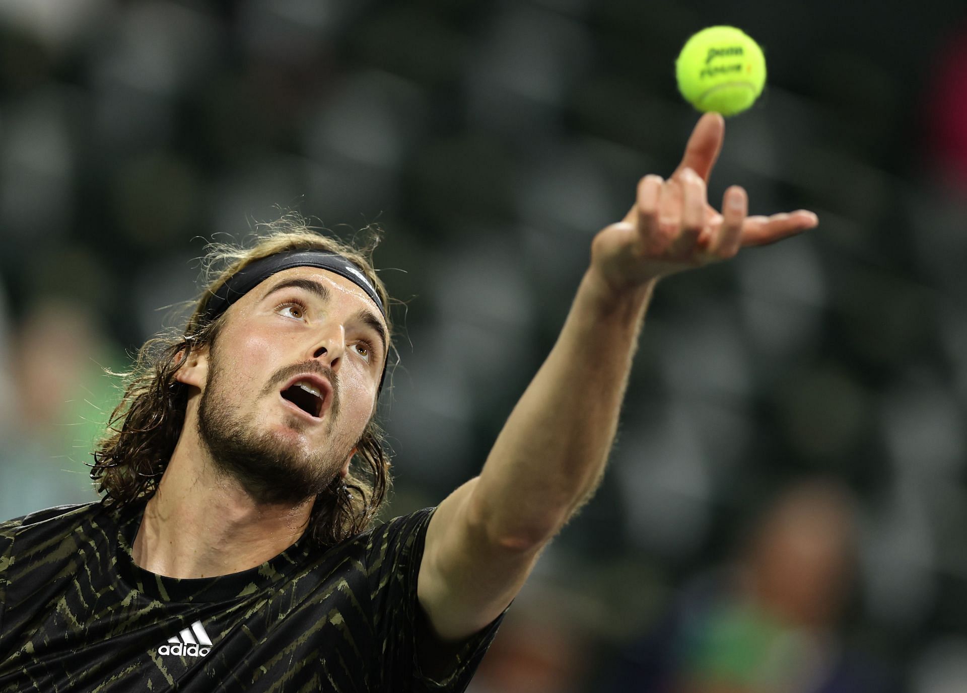 Stefanos Tsitsipas serves at the BNP Paribas Open