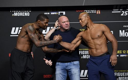 Kevin Holland shakes Jacare Souza's hand during UFC 256: Weigh-Ins