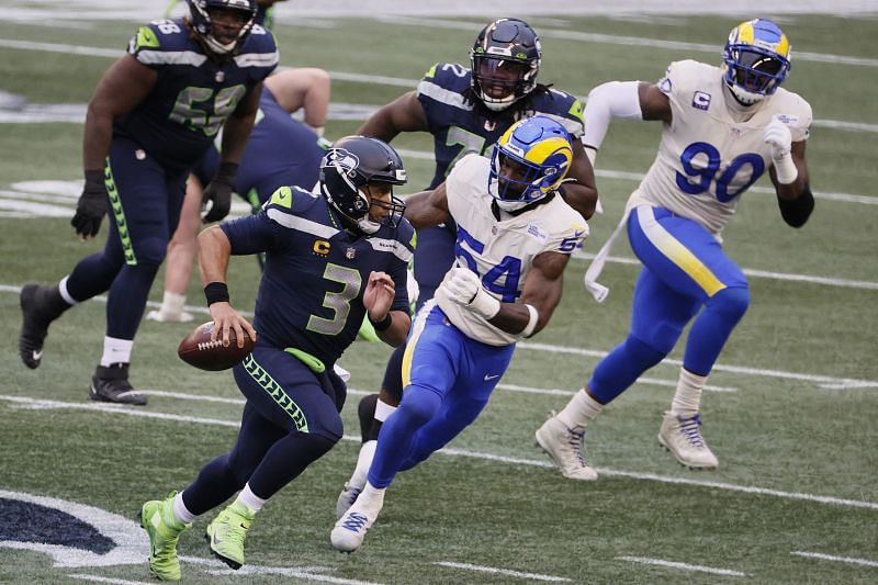 Seattle Seahawks QB Russell Wilson is chased down by Los Angeles Rams linebacker Leonard Floyd