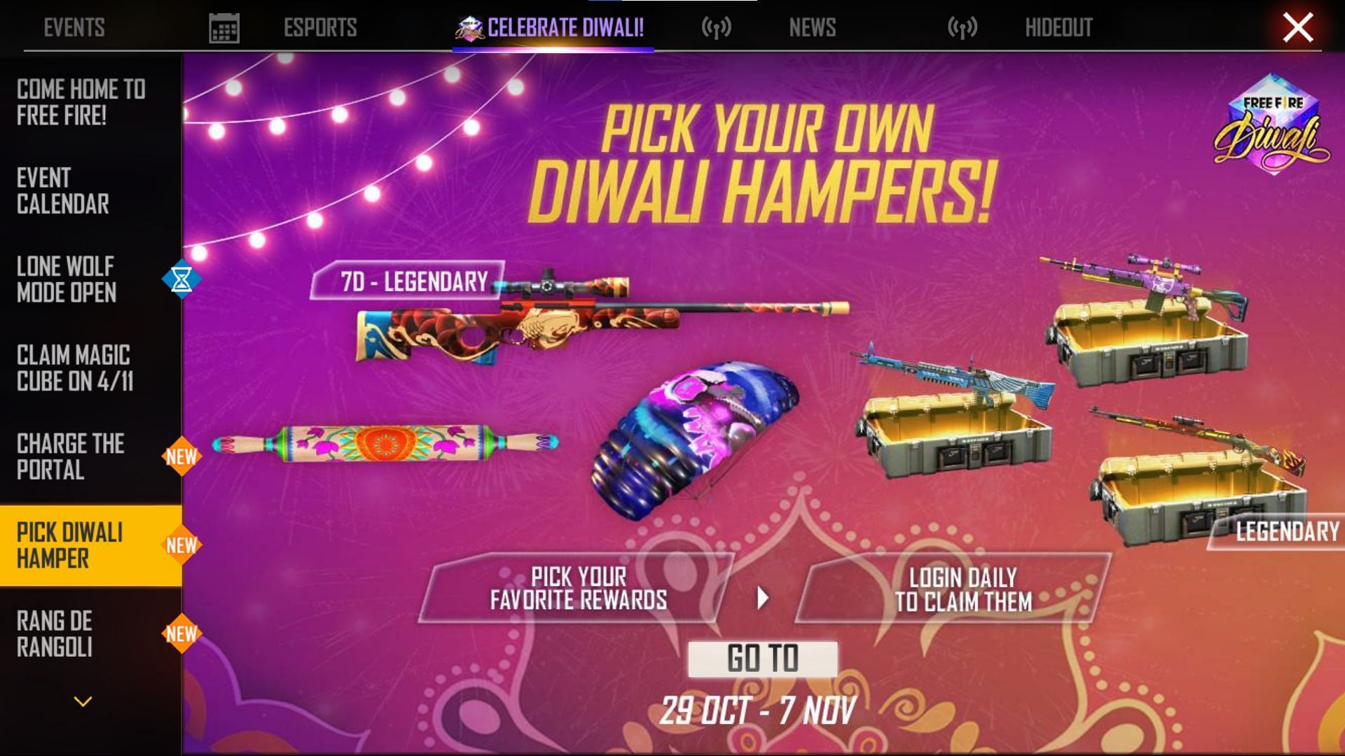Open Pick Your Own Diwali Hampers interface (Image via Free Fire)