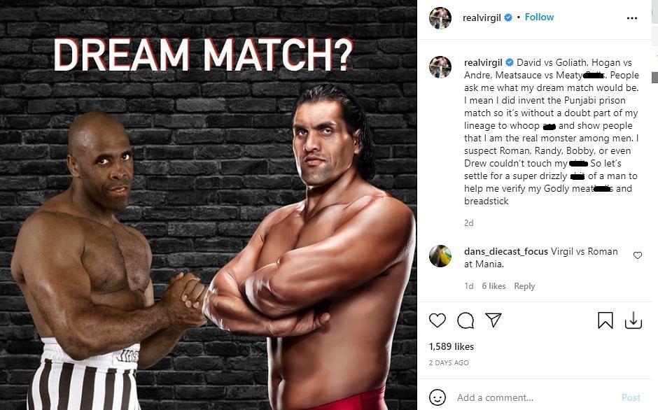 Screengrab of Virgil&#039;s post about dream match with The Great Khali