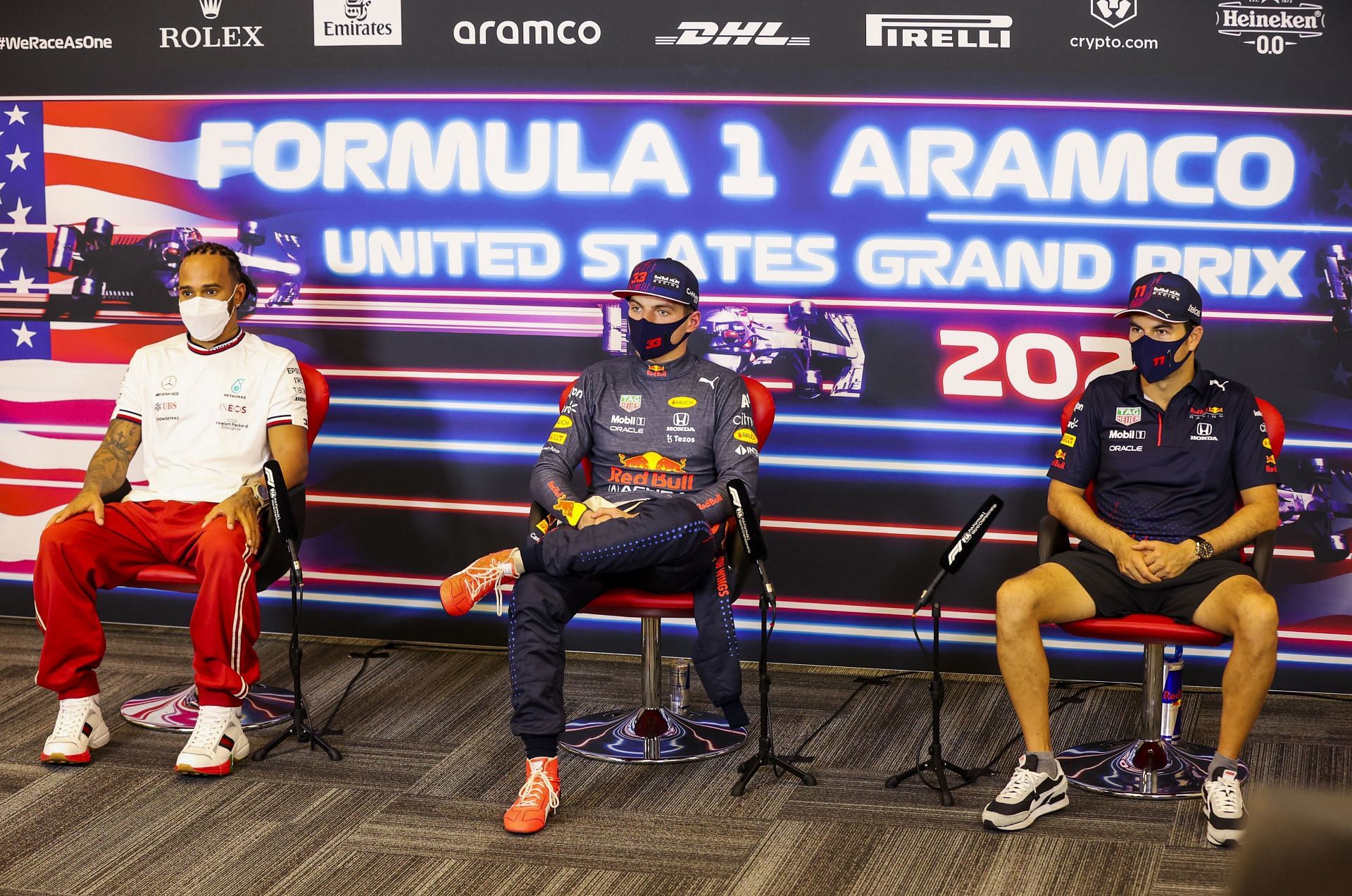 Top three qualifiers Max Verstappen Lewis Hamilton and Sergio Perez in the press conference after qualifying ahead of the 2021 USGP in Austin, Texas. (Photo by Antonin Vincent - Pool/Getty Images)