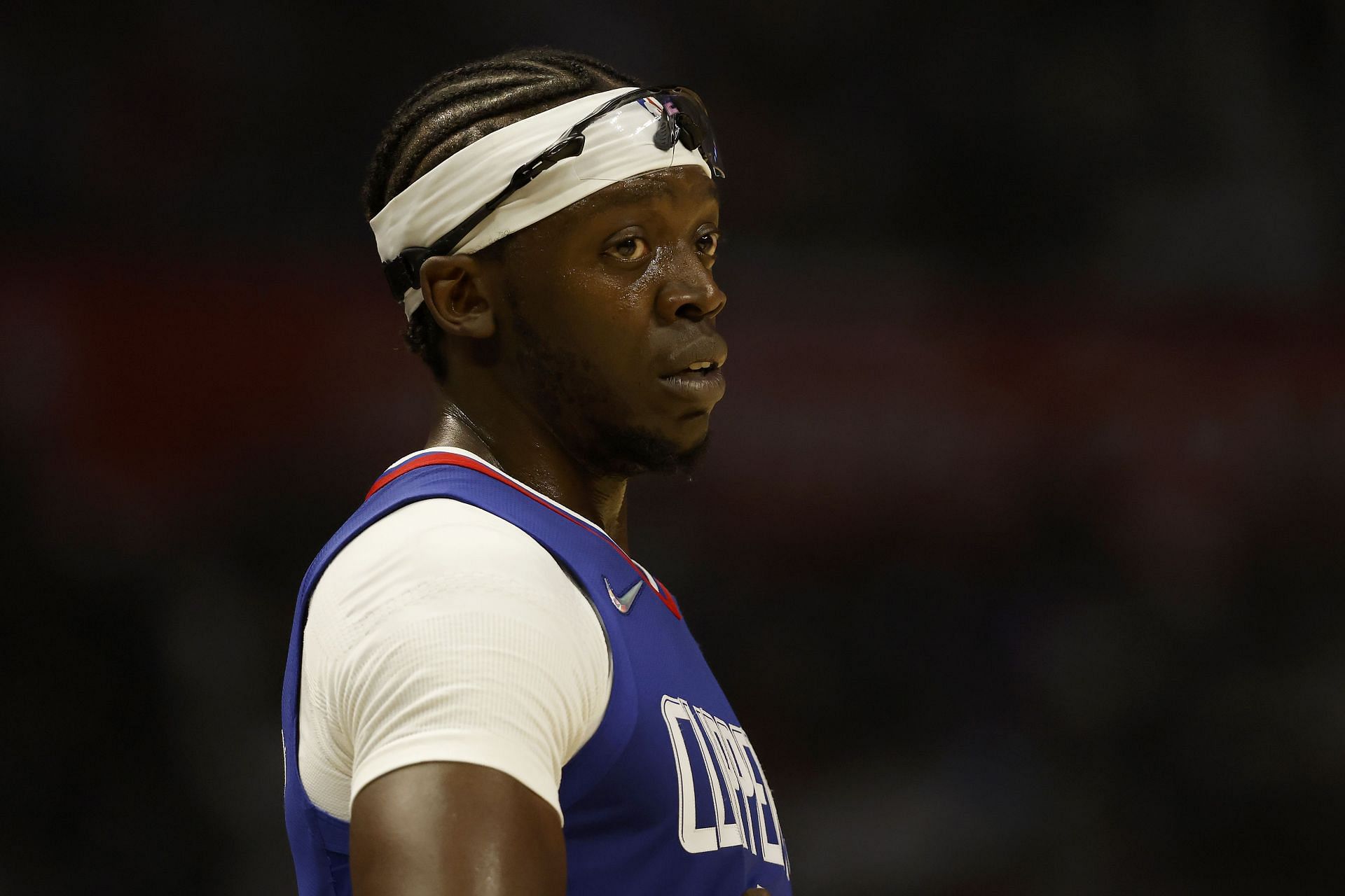 Reggie Jackson #1 of the LA Clippers looks on during the first half of a game aagainst the Memphis Grizzlies t Staples Center on October 23, 2021 in Los Angeles, California.