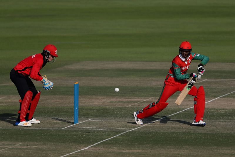 Aqib Ilyas in action for Oman at the Desert T20 Challenge.