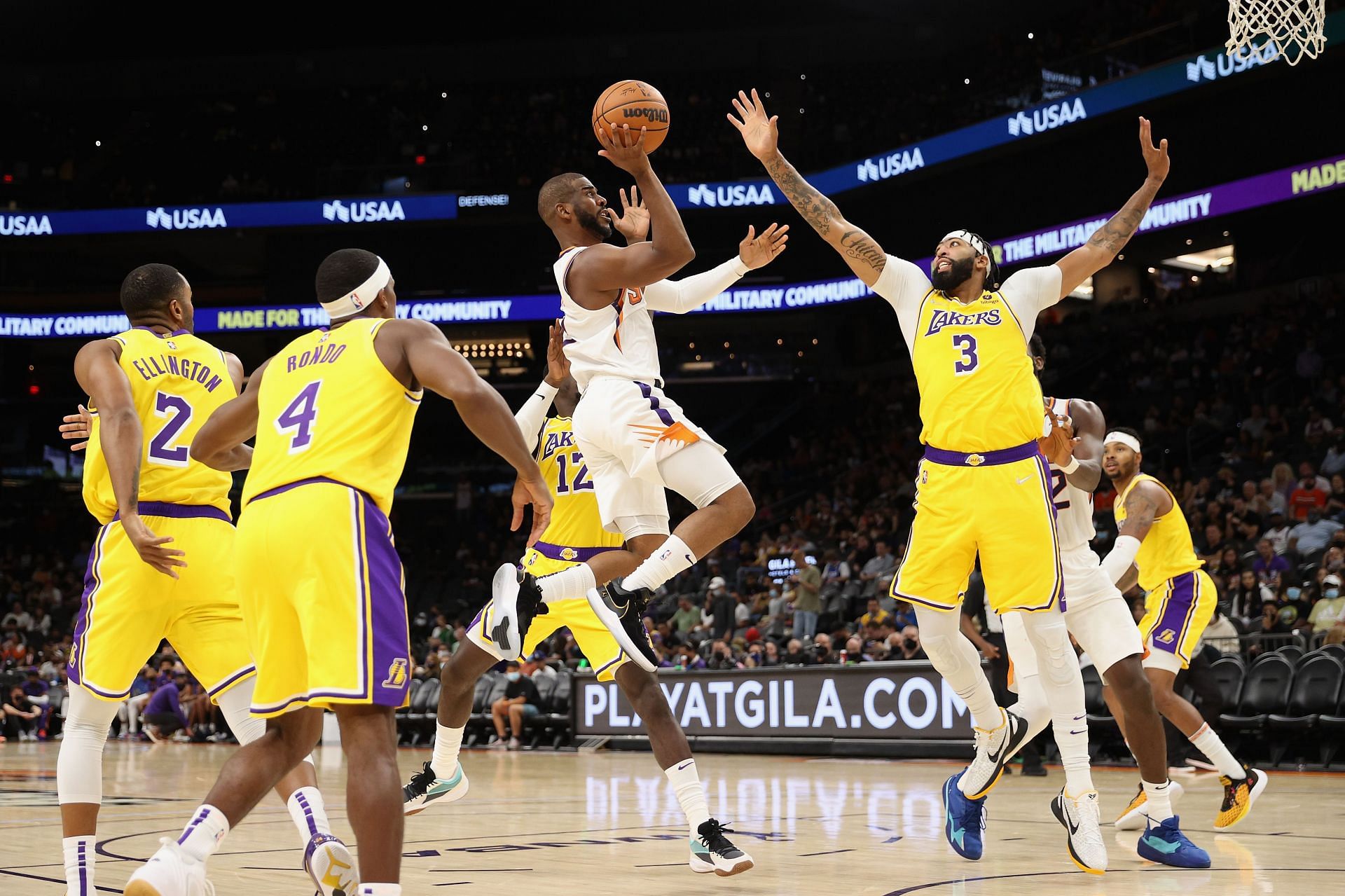 Chris Paul hitting a tough floater past Anthony Davis