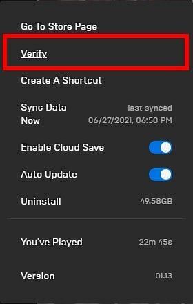 Verify the files in the Epic Games Store. (Image via Epic Games)