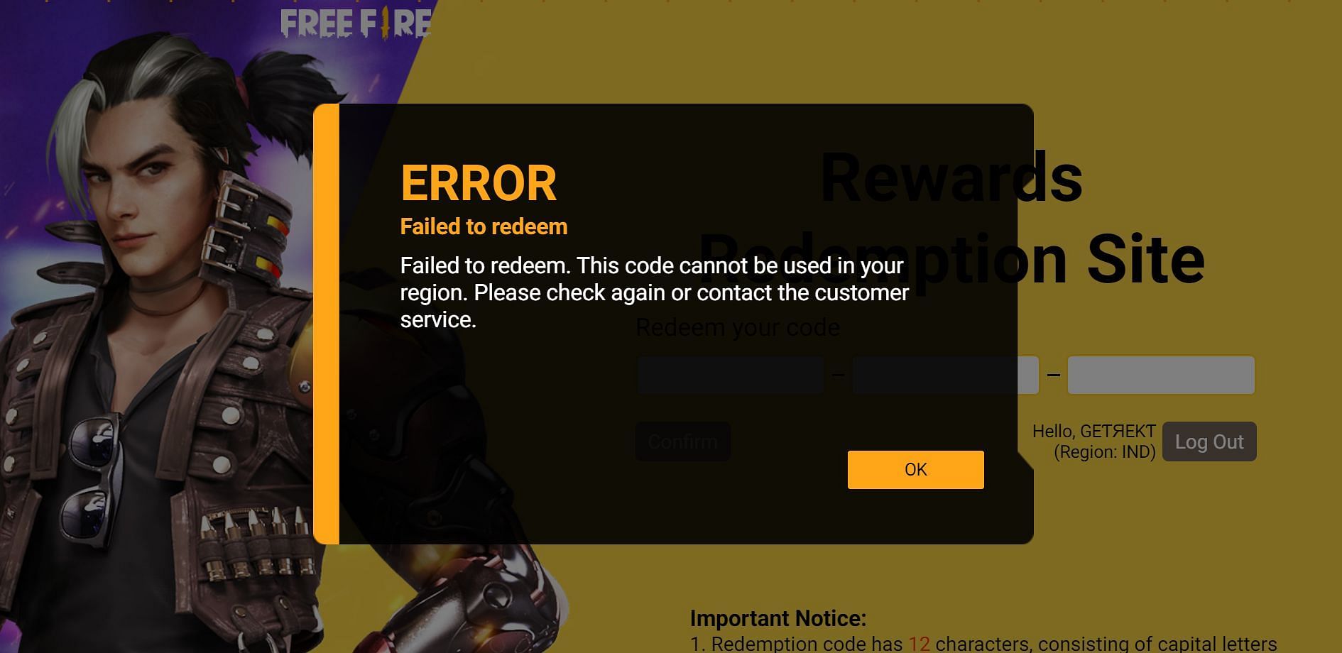 One of the common errors that players may encounter during the redemption (Image via Free Fire)
